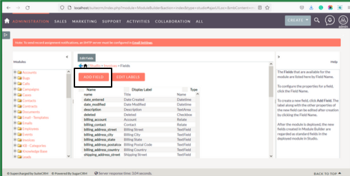 aggiungi campo - Installazione di SuiteCRM