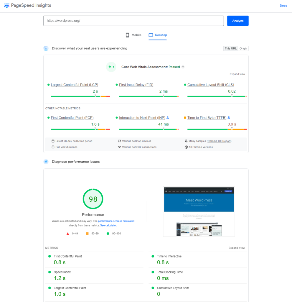 google-pagespeed-insight-wordpressorg-desktop