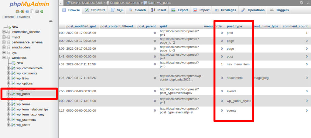 Typy postów WordPress PhpMyadmin