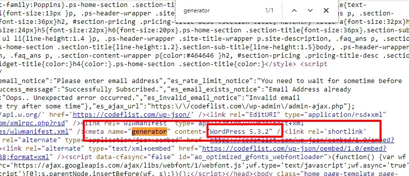 Verificați versiunea WordPress - etichetă HTML Meta