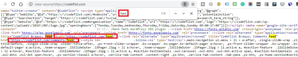 Come trovare l'URL del feed RSS di WordPress dal codice sorgente