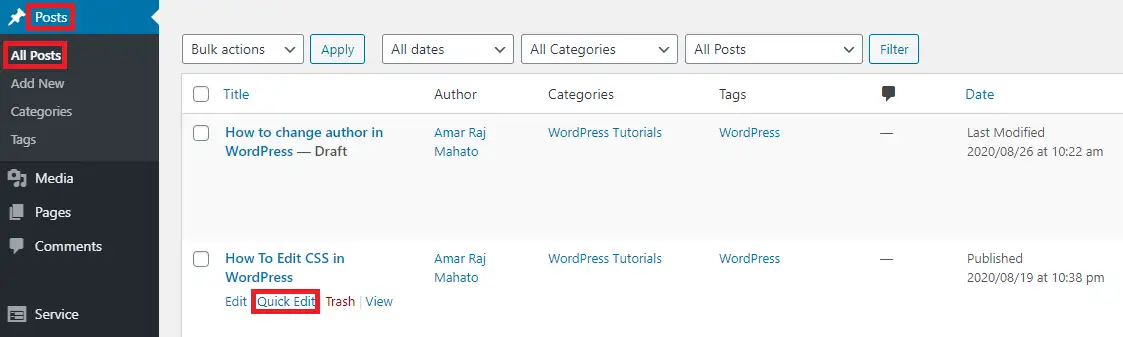 WordPress 投稿のクイック編集