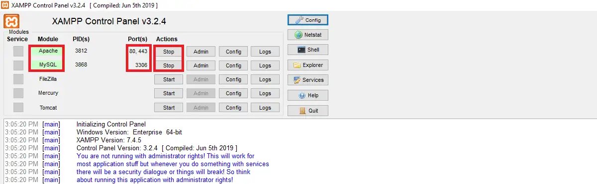Avvia il server XAMPP