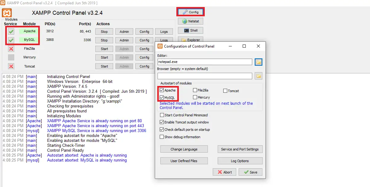 Eseguire automaticamente Apache e MySQL
