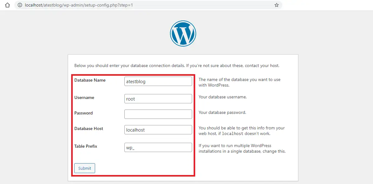 Dettagli di connessione al database atestblog