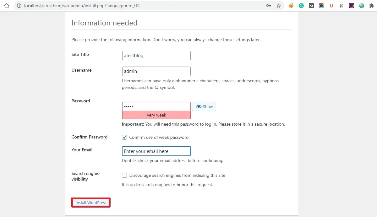 WordPress Installazione atestblog