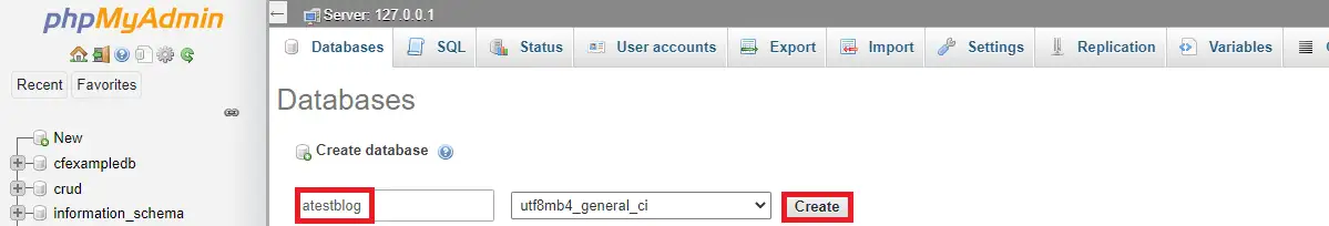 Crea database MySQL atestblog