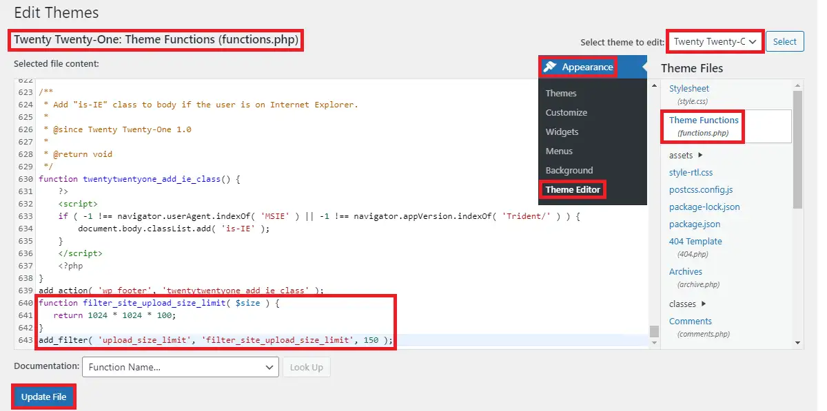 在functions.php文件中使用upload_size_limit過濾器