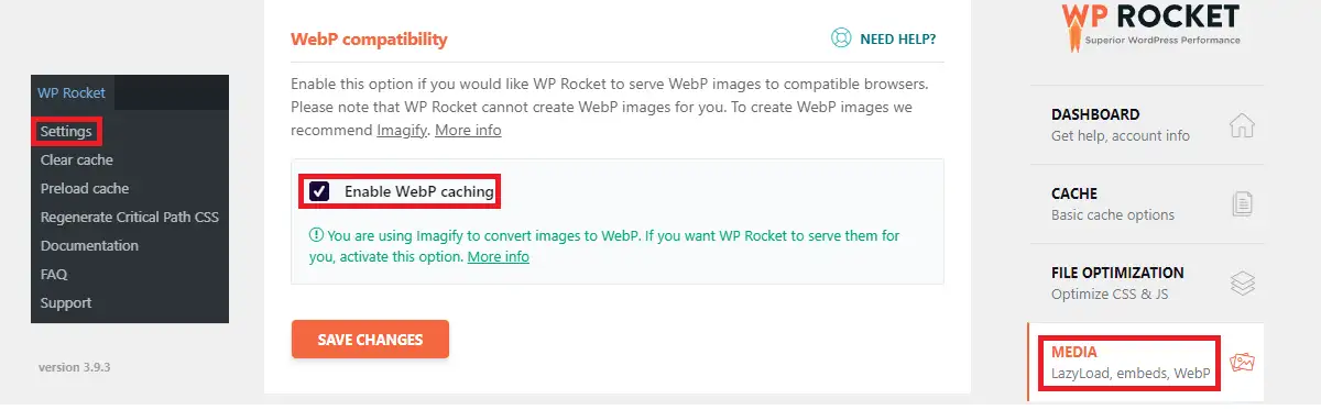 在 WP Rocket 中啟用 WebP 緩存