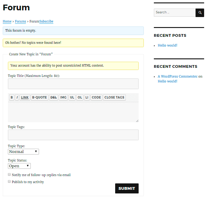 bbPress Forum on Website Frontend