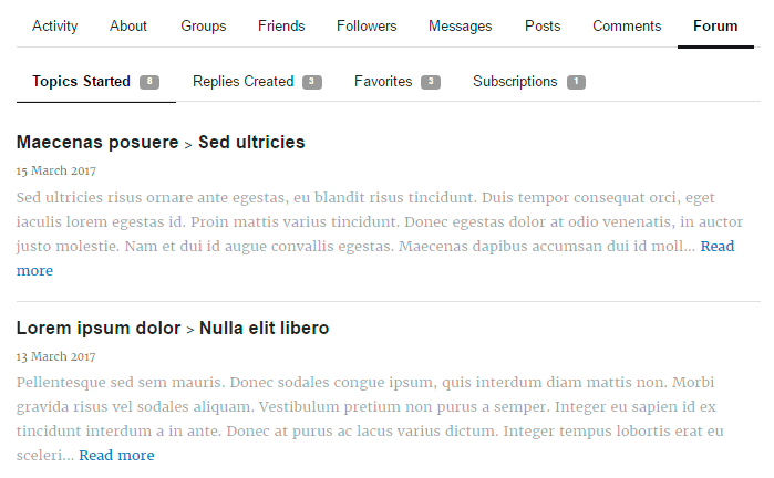 Forum tab of membership profile