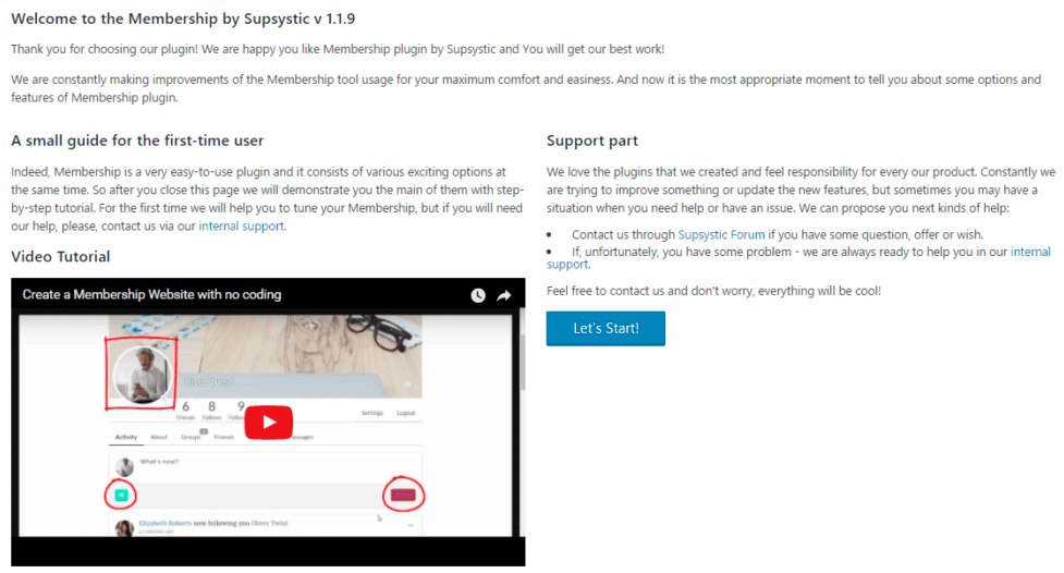 Welcome Page of Membership plugin