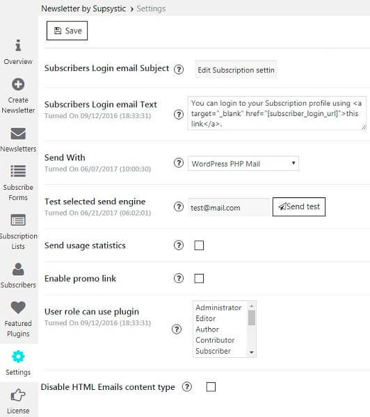 Newletter Settings Tab