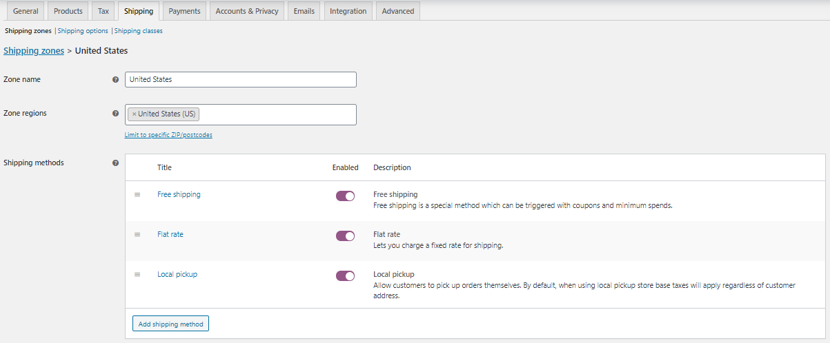 كيفية إخفاء طرق شحن WooCommerce لشروط معينة 2 Default Shipping Methods