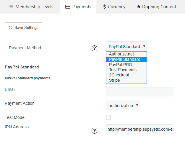 Membership Ecommerce Payments Settings