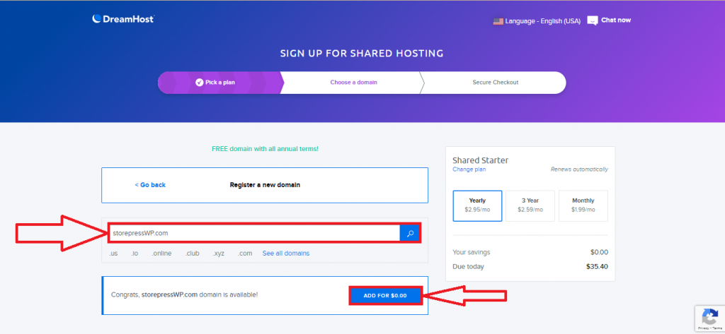 Pagamento do preço do domínio DreamHost
