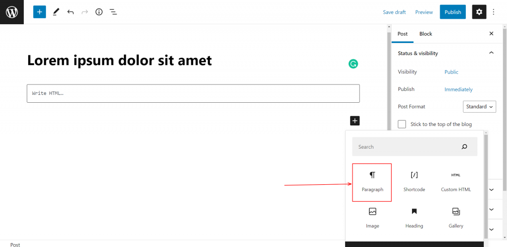 adicionar um elemento para postagem