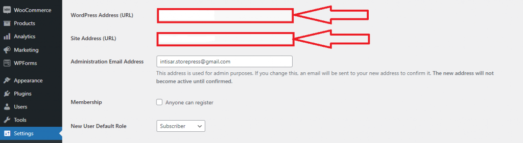 configurando o URL do endereço do WordPress e o URL do endereço do site