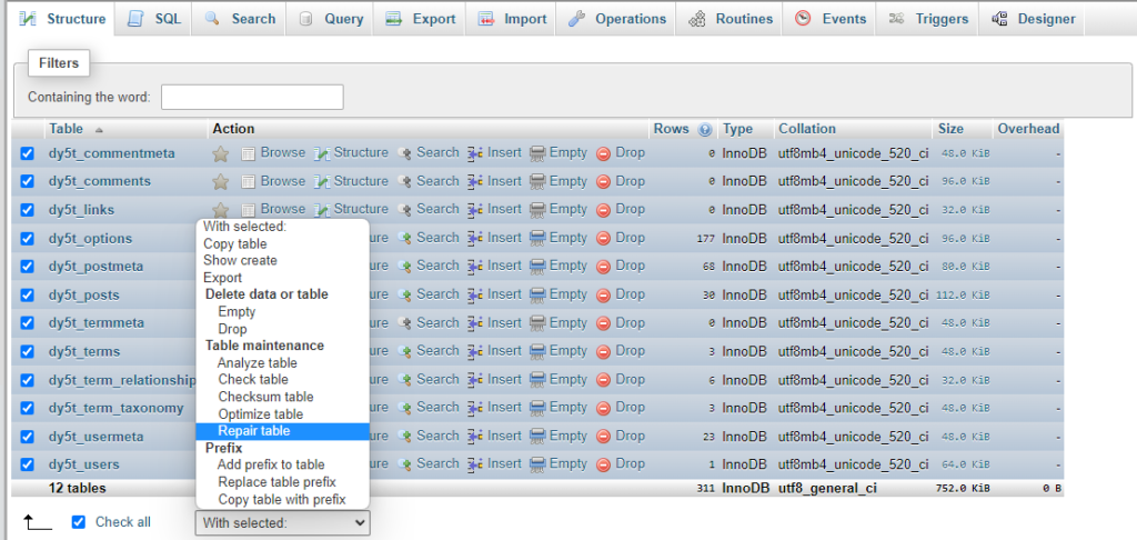 5 طرق لإصلاح الخطأ في إنشاء اتصال قاعدة بيانات في WordPress 3 phpMyAdmin tool - Select the tables of the database and afterwards select the option "Repair table"