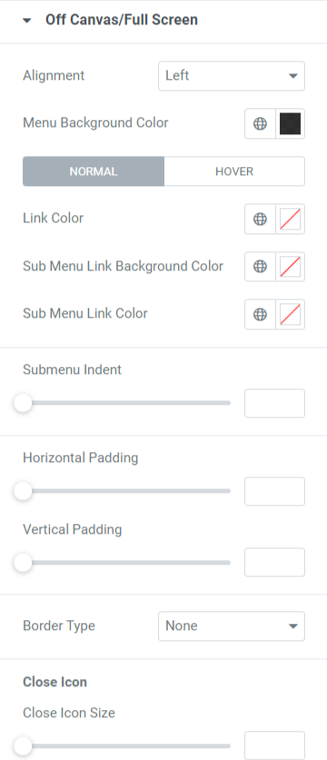 Sezione Off Canvas/Schermo intero nella scheda stile del widget Menu avanzato PowerPack