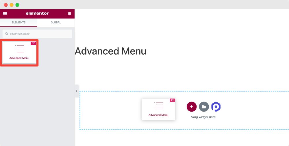 trascina e rilascia il widget del menu avanzato