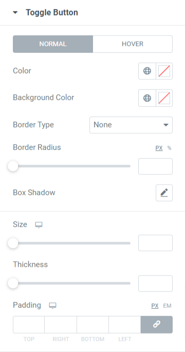 Sezione Pulsante di attivazione/disattivazione nella scheda stile del widget Menu avanzato PowerPack