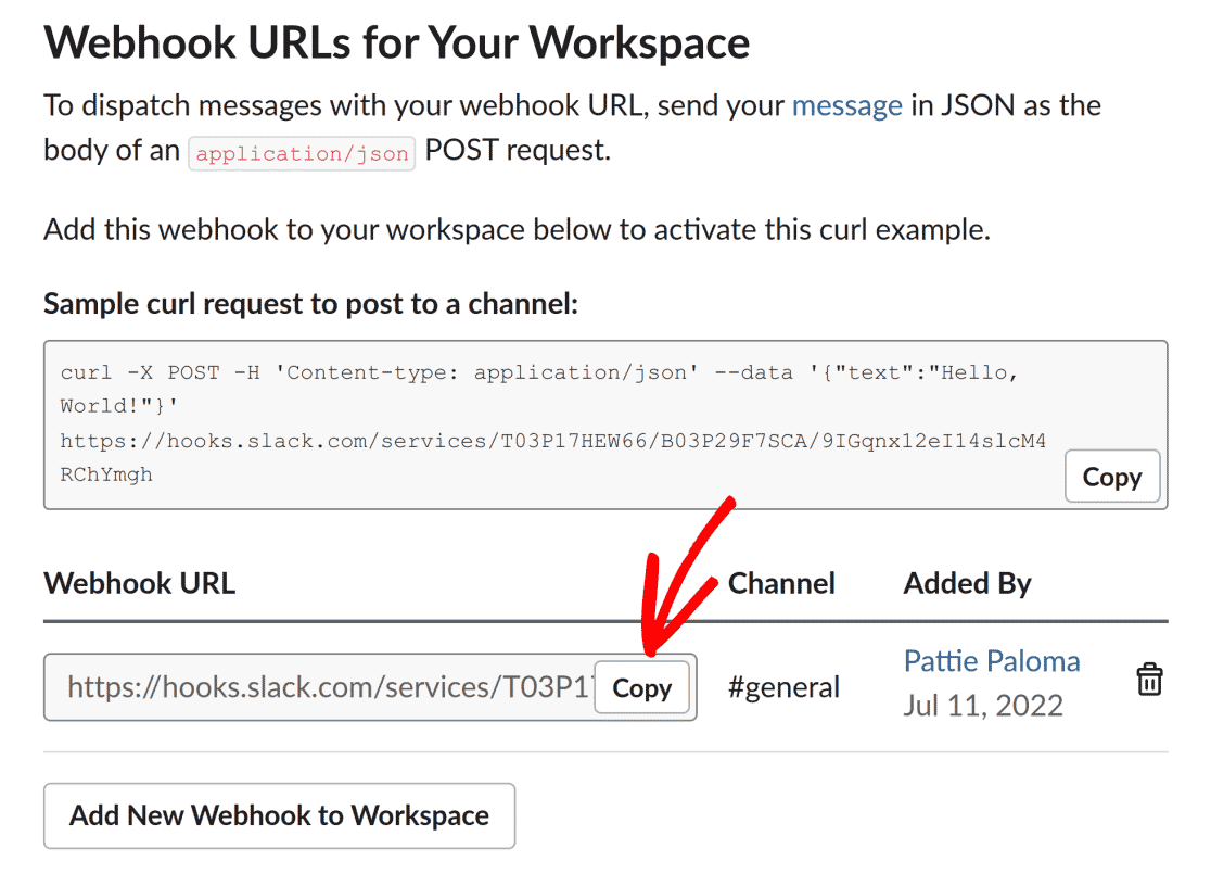 Slack Webhook URL をコピー