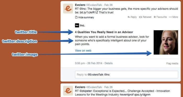 Başlık, açıklama ve resim etiketlerinin Twitter'da nasıl kullanıldığını gösteren bir Twitter sayfasının ekran görüntüsü.
