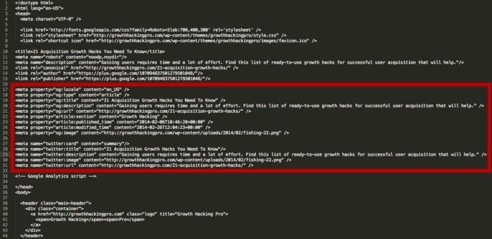 Bir dizi web sitesi kodlamasındaki ogp etiketlerinin ekran görüntüsü.