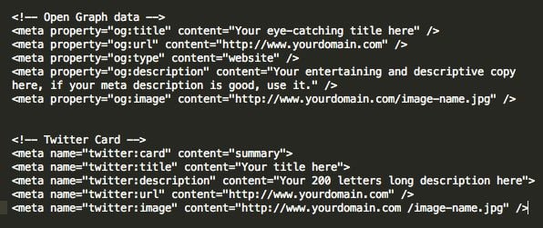 Hem Facebook hem de Twitter gönderileri için optimize edilmiş kodu görüntüleyen web sitesi kodlamasının ekran görüntüsü.