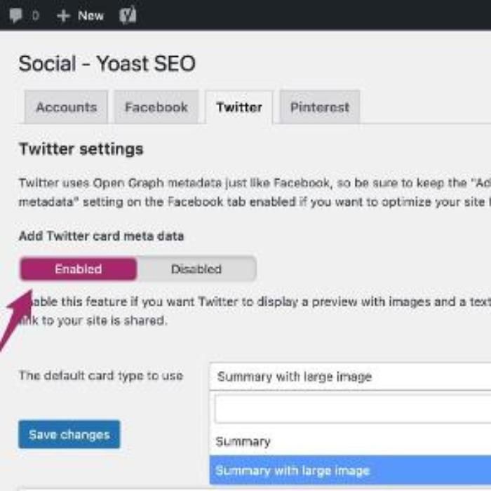 WordPress SEO by Yoast eklentisinde Twitter kartlarının nasıl etkinleştirileceğini gösteren bir WordPress sitesinin ekran görüntüsü.