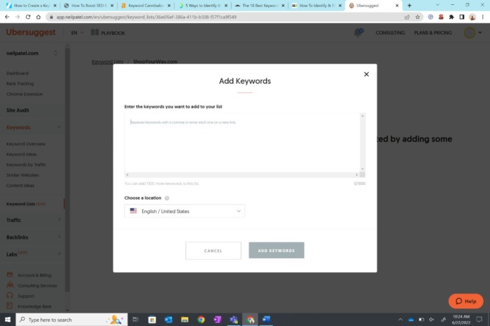 Une capture d'écran de la fonction de listes de mots clés d'Ubersuggest qui vous aide à cibler les mots clés pour lesquels vous souhaitez vous classer.