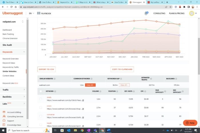 Une capture d'écran de la fonction d'analyse d'Ubersuggest qui présente les mots-clés pour lesquels un site Web donné se classe avec une stratégie de mots-clés.