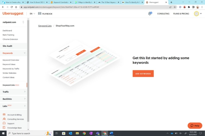 Une capture d'écran de la fonction de listes de mots clés d'Ubersuggest qui vous aide à cibler les mots clés pour lesquels vous souhaitez vous classer.