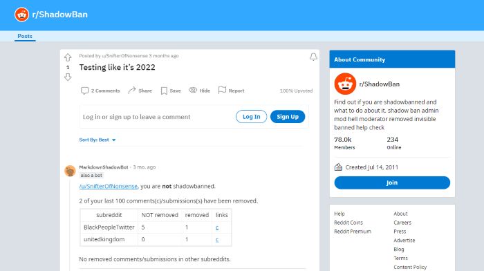 Przedstawienie posta na Reddicie, aby sprawdzić, czy zostałeś zbanowany w cieniu.