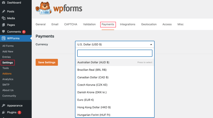 Establezca su moneda en la configuración de pagos de WPForms Set Your Currency in WPForms Payments Settings
