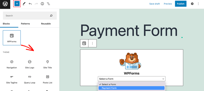 Arrastre el bloque WPForms a su publicación o página Drag the WPForms Block Onto Your Post or Page