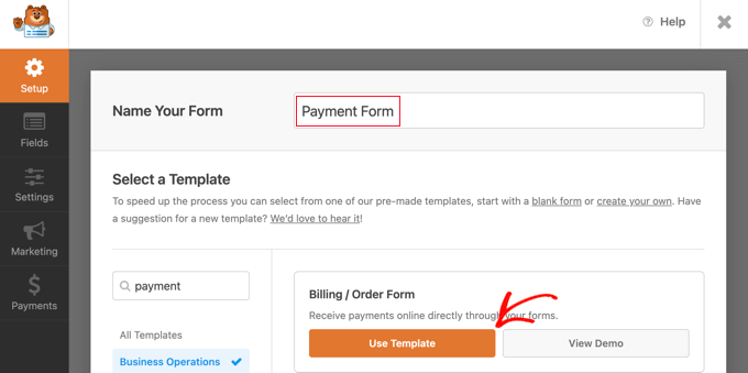 Seleccione la plantilla de formulario de pedido de facturación en WPForms Select the Billing Order Form Template in WPForms