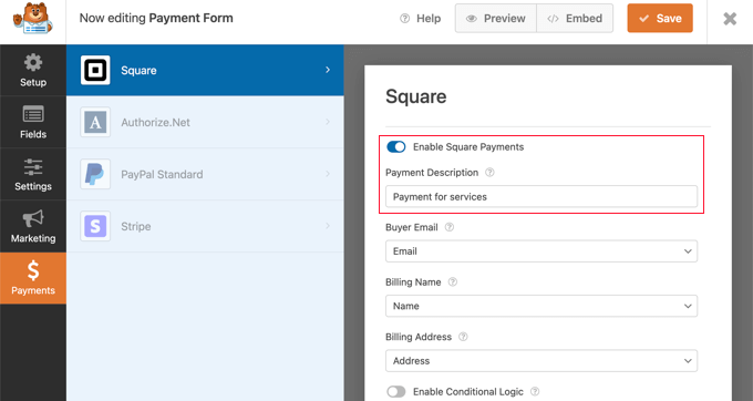 Cambie la configuración Habilitar pagos cuadrados a la posición Activado Toggle the Enable Square Payments Setting to the On Position