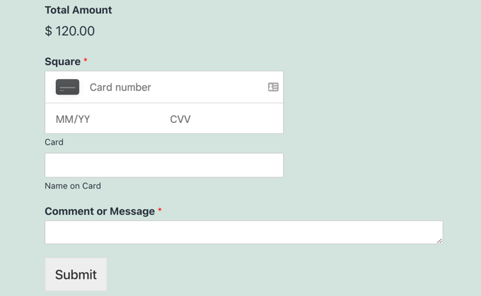 Vista previa del formulario de pago Square Preview of Square Payment Form