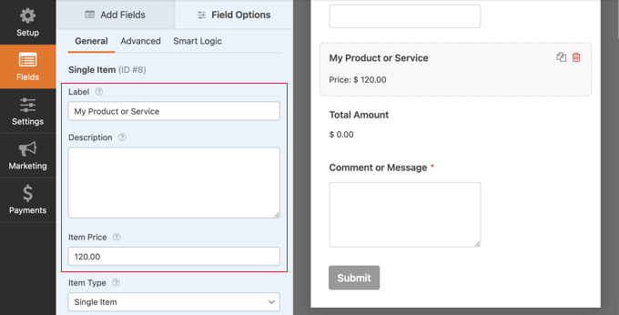 Configurar el campo de elemento único Configure the Single Item Field