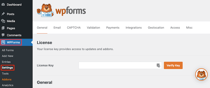 Configuración profesional de WPForms WPForms' pro settings