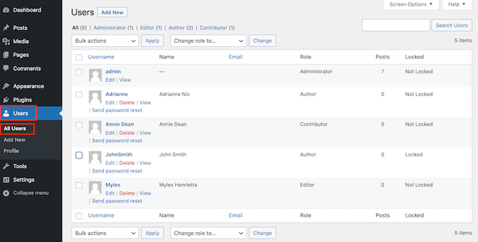 Eine Liste von WordPress-Benutzerkonten A list of WordPress user accounts