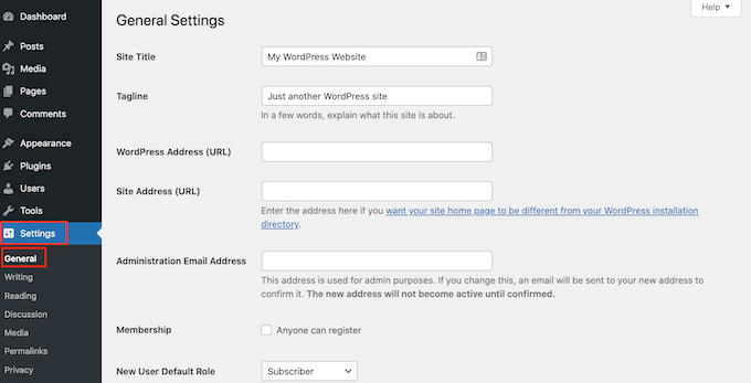 Die allgemeine WordPress-Einstellungsseite The WordPress general settings page