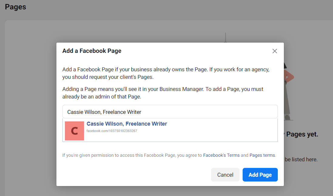 So verwenden Sie den Facebook Meta Business Manager: Popup für die Seitensuche