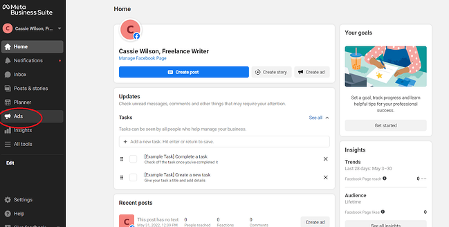 So verwenden Sie den Facebook Meta Business Manager: Seitenleiste des Anzeigenmanagers