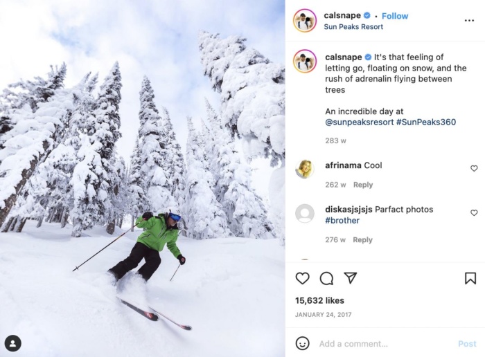 来自 Callum Snape 和 Sun Peaks Resort 的影响者营销 Instagram 帖子的示例。