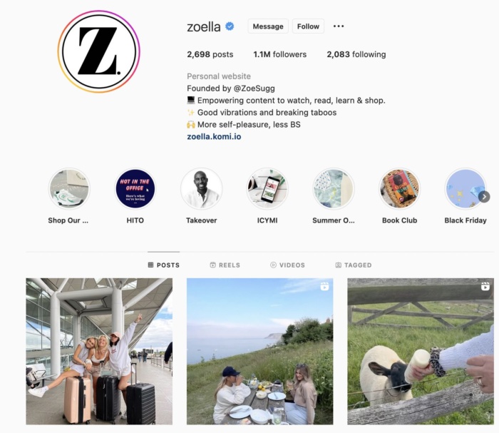 Instagram 影响者 Zoella 的页面。
