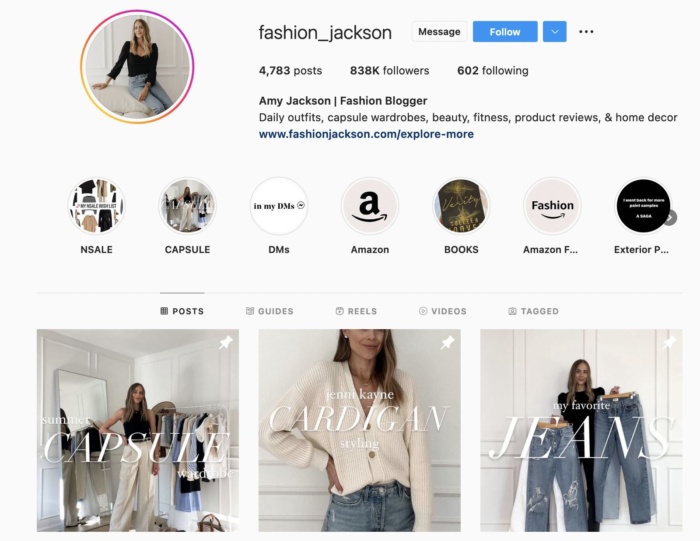 Instagram 影响者艾米杰克逊的页面。