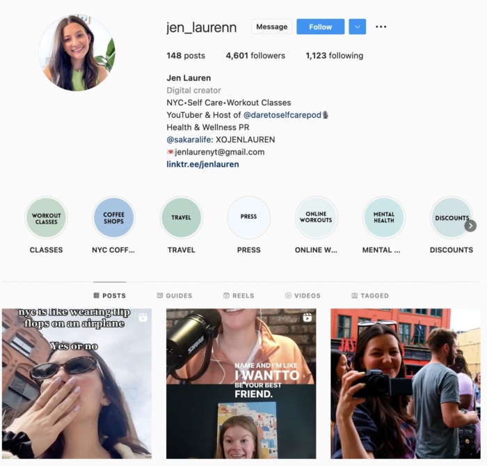 Instagram 影响者 Jen Lauren 的页面。